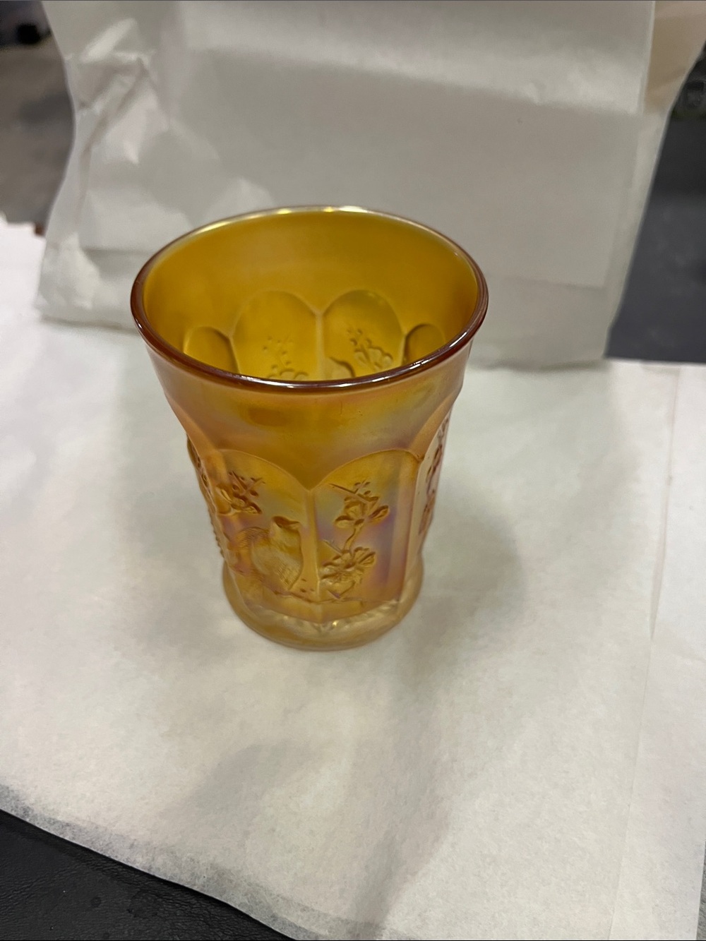 Vintage Iridescent Amber Carnival Glass Tumbler with Singing Birds